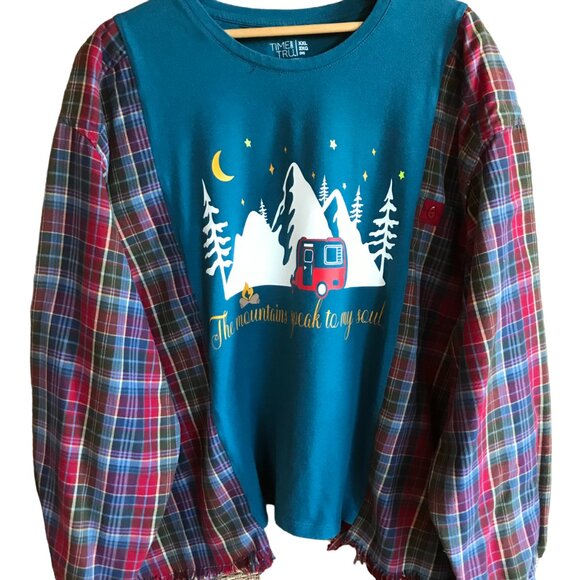 Flannel Shirt Upcycle, Size L-2XL: Reworked Oversized Mountain Camping Graphic - Picture 1 of 12